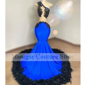 Королевский синий русалка длинные выпускные платья для черных девочек бисер хрустальные перья платье на день рождения платья для торжественных случаев