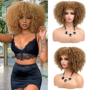Короткие кудрявые светлые парики для чернокожих женщин 10-дюймовый афро кудрявый парик с челкой синтетический натуральный омбре пушистые мягкие косплей парики