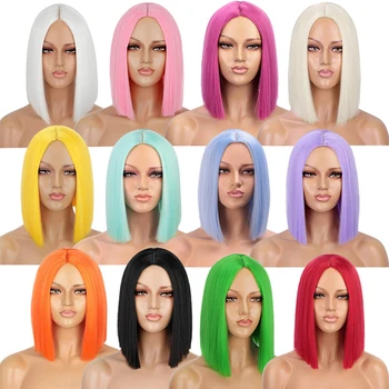 короткий парик боб синтетические прямые волосы парики красочный косплей парик с средней линией роста волос для женщин термостойкий черный синий розовый