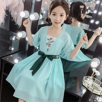 Костюм платье для девочки новое летнее платье вышитое ретро платье с короткими рукавами китайское платье Hanfu vestido chino синее зеленое платье