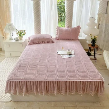 Кружевная юбка кровати с эластичной лентой Белый наматрасник 150x190 Стеганое покрывало Queen Size (наволочка нужна заказ)