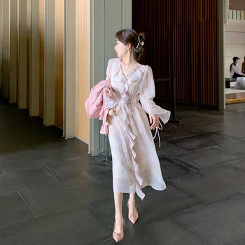 летнее розовое шифоновое платье с V-образным вырезом и цветочным вырезом, женская юбка средней длины с оборками на талии и платье-комбинация