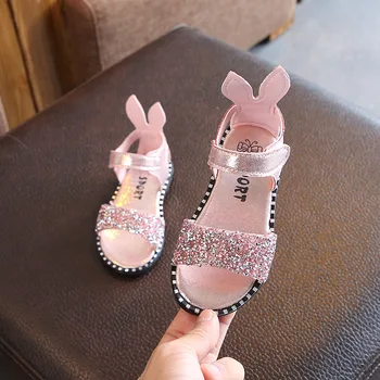 Летние детские сандалии с кроличьими ушами Мода Блестящий горный хрусталь для девочек Принцесса Римские сандалии Детские плоские нескользящие пляжные туфли