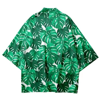 Летние зеленые листья Тай-дай Принт Свободные японские уличные Повседневные Женщины Мужчины Кимоно Пляжные шорты Yukata Harajuku Кардиган