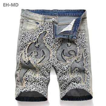 Летние пушистые вышитые мужские джинсовые шорты Кожа Леопард Узор Сетка Высокоэластичная 3D-печать Молния Fit Сращивание Тренд 024