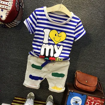 Летний комплект одежды для мальчиков Детские наряды Комплект детской одежды Детская футболка в синюю полоску + шорты 2 шт. набор 2-7 лет