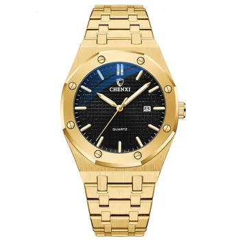Лучший бренд Мужчины Золотые Часы Королевские 3ATM Водонепроницаемые Нержавеющая Мода Бизнес Сталь Мужские кварцевые наручные часы Календарь Подарочные часы