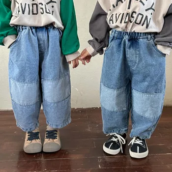 Маленькие девочки Мальчики Джинсовые джинсовые брюки Осень Малыш Дети Корейский Стиль Мода Свободные Брюки Дети Прямые Джинсы Синий