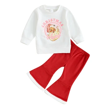  Малыш Девочка Осенние наряды Письмо Санта Принт Круглый вырез Толстовки Красные брюки-клеш 2шт Рождественский набор одежды