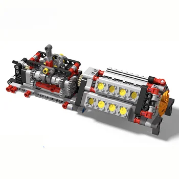 Механическая группа V16 Цилиндровый двигатель соответствует 6-ступенчатой коробке передач MOC Строительные кирпичи Детали Пакет блоков Модель DIY Обучающие игрушки Подарок