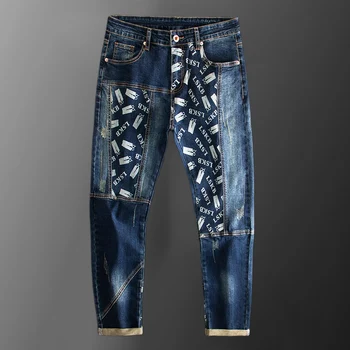 Мода Высокое качество Высокая уличная строчка Печатные мужские джинсы Мужские леггинсы Узкий крой Мужские джинсы Американский стиль Узор Джинсы
