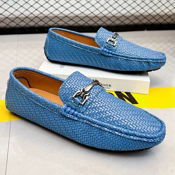  Мода Синие Мужские Кожаные Лоферы Модные Повседневные Легкие Плоские Слипоны Мужчины Удобная Дышащая Нескользящая Обувь Для Вождения Мужчина