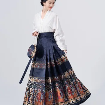 Мода Ханьфу Платье Костюм Традиционная белая верхняя блузка Черная юбка с лошадиной мордой Женские восточные народные танцевальные костюмы Китайская одежда