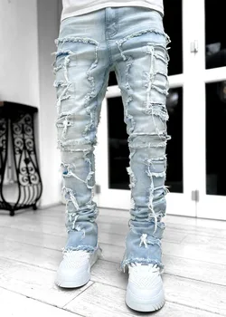 Мода Эластичная нашивка Мужские джинсы Y2K Пэчворк Креативные кисточки Украшение Прямые джинсовые брюки для мужчин Хип-хоп Джинсовые брюки