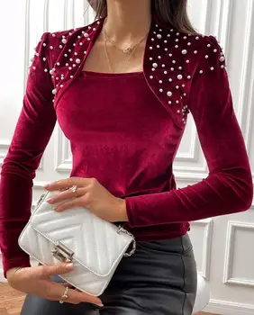 Модная женская блузка 2024 Весна Бисер Бархат Асимметричный Шея Длинный рукав Повседневная Простая Узкая Повседневная Одежда Y2K