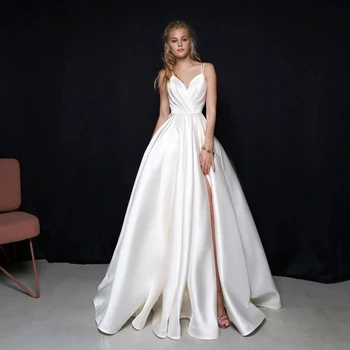 Модное атласное свадебное платье 2024 Нестандартный размер Сексуальные бретели на тонких бретелях Рюши Линия Простые свадебные платья Vestido De Noiva