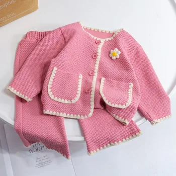 Модные детские комплекты одежды 2023 Весна Осень Корейские девушки Однобортные цветочные пальто + брюки 2 шт. Детская одежда костюм 1-6Y