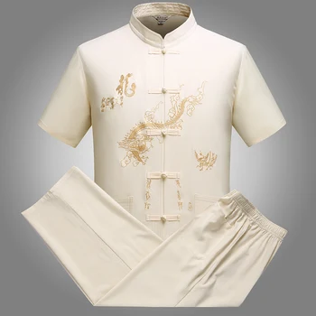 Мужской традиционный китайский костюм Рубашка с коротким рукавом из 2 предметов + брюки дышащая вышивка Мужской костюм кунг-фу тан повседневный комплект