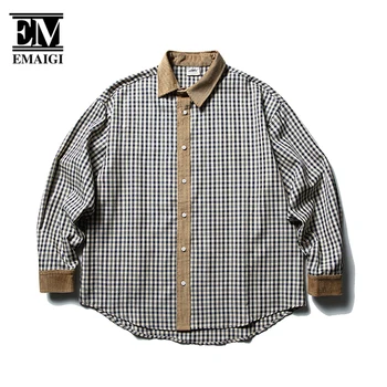 Мужчины Cityboy Harajuku Streetwear Мода Свободный Повседневный Сращивание Вельвет Длинные рукава Клетчатые рубашки Мужские винтажные рубашки