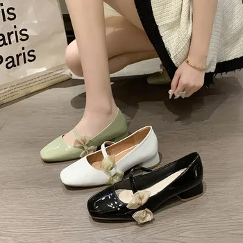 натуральная кожа с квадратным носком и плоским дном Мэри Джейн Обувь Fairy Style 2023 Новые французские туфли на высоком каблуке на толстом каблуке