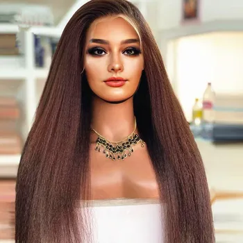 Натуральный коричневый кудрявый прямой 180% плотности Yaki Кружевной передний парик для черных женщин с детскими волосами Тепловая температура Бесклеевой парик