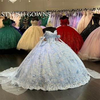 Небесно-голубой с открытыми плечами Бальное платье Quinceanera Платья из бисера Формальный выпускной 3D Цветок Выпускные платья Sweet 15 16 Платье