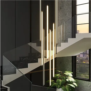 Новая черная лестница Люстра Дуплекс современного дизайна Высотное пустое гостиная Индивидуальность холла Длинный висячий светильник