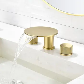 новейший смеситель для ванной комнаты с водопадом, матовое золото / черный, смеситель для раковины в ванной, смеситель из твердой латуни, широко распространенный смеситель для умывальника, 3 отверстия
