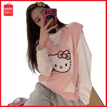 Новинка Miniso Sanrio Y2K Розовый трикотажный свитер Hellokitty Жилет Genki Girl Японский нежный ветер Свитер Пуловер Нижняя рубашка Повседневные топы