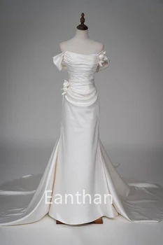 Новые свадебные платья с открытыми плечами Свадебное платье на шнуровке сзади с бантом Шлейф плиссированные атласные платья для невесты для женщин
