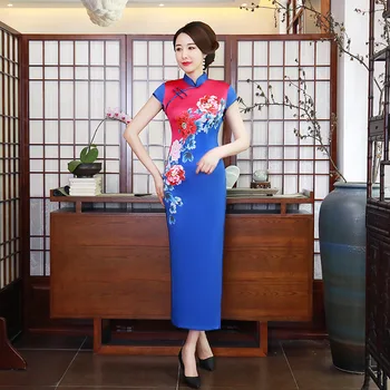 Новый атласный Cheongsam Длинный китайский принт Тонкая новинка Женское платье Производительность Китайское женское платье Cheongsam Sexy Qipao