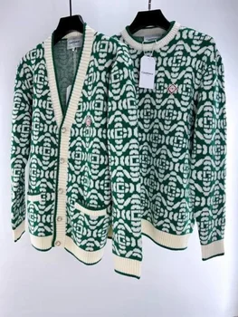 Новый высококачественный зеленый жаккардовый свитер касабланки с V-образным вырезом для мужчин и женщин толстовки из тяжелой ткани