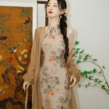  Новый комплект платьев в китайском стиле Женский улучшенный набор Ханьфу Винтажный цветочный принт Cheongsams Элегантный Qipao Lady Весна Лето Vestidos