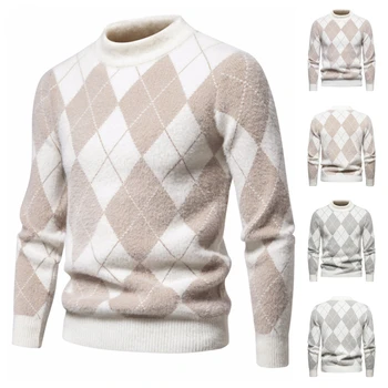 Новый повседневный модный мужской утолщенный свитер ромбовидный узор удобный зимний теплый мужской вязаный пуловер