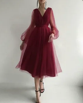 Новый Фея Сексуальная Глубокая V-образная сетка Однотонное пузырьковое платье с длинным рукавом до колена для похудения талии