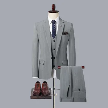 Осенне-зимний свадебный костюм высокого класса Англия (костюм + жилет + брюки) 2023 Новый мужской полосатый деловой тонкий костюм 3/2 комплекта