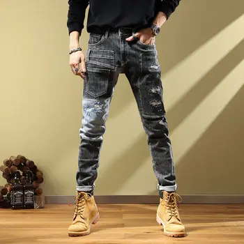 Осенний модный лейбл модный патч сращивание модных мужских джинсов мотоцикл ретро корейские штанины штанины рваные мужские джинсы