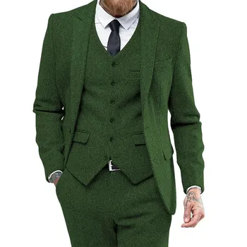 Осень/зима Зеленые мужские костюмы в елочку Приталенный пиджак + жилет + брюки 3 шт. Жених Свадебный смокинг Англия Trajes De Hombre 2022