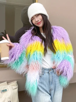 осень-зима новая красочная лохматая верхняя одежда из искусственного меха пальто контрастного цвета куртка женская одежда бесплатная доставка