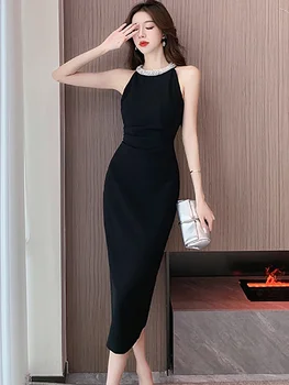 Осень-зима Черное длинное платье без рукавов Мода Шикарные вышитые клеш Роскошное женское платье 2023 Корейское винтажное платье Hepburn