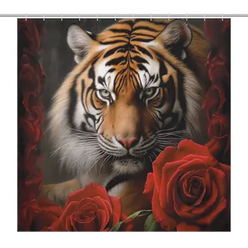  Очень длинная романтическая занавеска для душа Tiger Rose Цветочная дикая природа Декор ванной комнаты Водонепроницаемый полиэстер Ткань Ванна с крючками 12 шт.