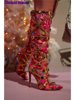 персиковый бриллиант роскошные сапоги с печатью вышивка подиум женская обувь 2023 Новое поступление Превосходный острый носок Тонкий высокий каблук Мода