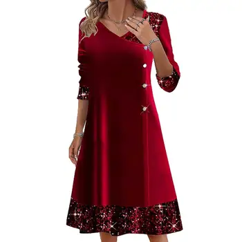 Платье с пайетками Платье с V-образным вырезом A-силуэта с пайетками для женщин осень-зима с платьем с длинным рукавом