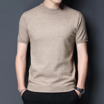 Повседневная эластичная свитерная футболка мужская осень с коротким рукавом приталенный однотонный пуловер высокое качество мужская полуводолазка трикотажная футболка