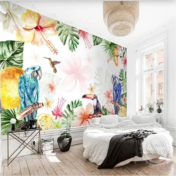 Пользовательские обои Тропические цветочные попугаи Гостиная Спальня Декор Акварель Настенная роспись Обои для дома 3D
