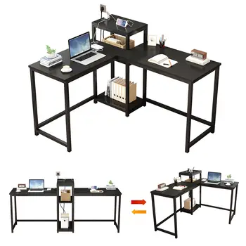  Реверсивный компьютерный стол с розетками и картотекой,L-образный стол с полками для хранения,Угловой стол с игровым столом