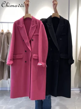 Ретро Высококачественное розово-красное двустороннее кашемировое пальто Женское 2023 зимнее новое корейское модное длинное платье с воротником свободного кроя шерстяные пальто