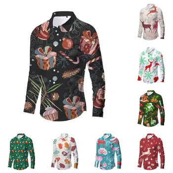  Рождественская тема 3d печатные мужские рубашки на пуговицах Мода Блузка с длинным рукавом Праздничная вечеринка Топы Новогодняя одежда Пара Уличная одежда