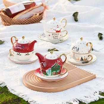 Рождественский керамический кофейный чайный сервиз Креативные чашки для молока с подносом Фарфоровые чайные наборы Кофейник Рождественское украшение