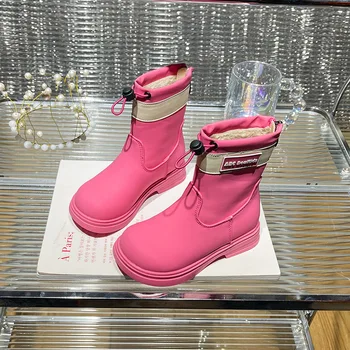 Розовые сапоги для девочек Зимние новые противоскользящие модные сапоги Тренд Детские короткие сапоги Удобная детская черная кожаная обувь